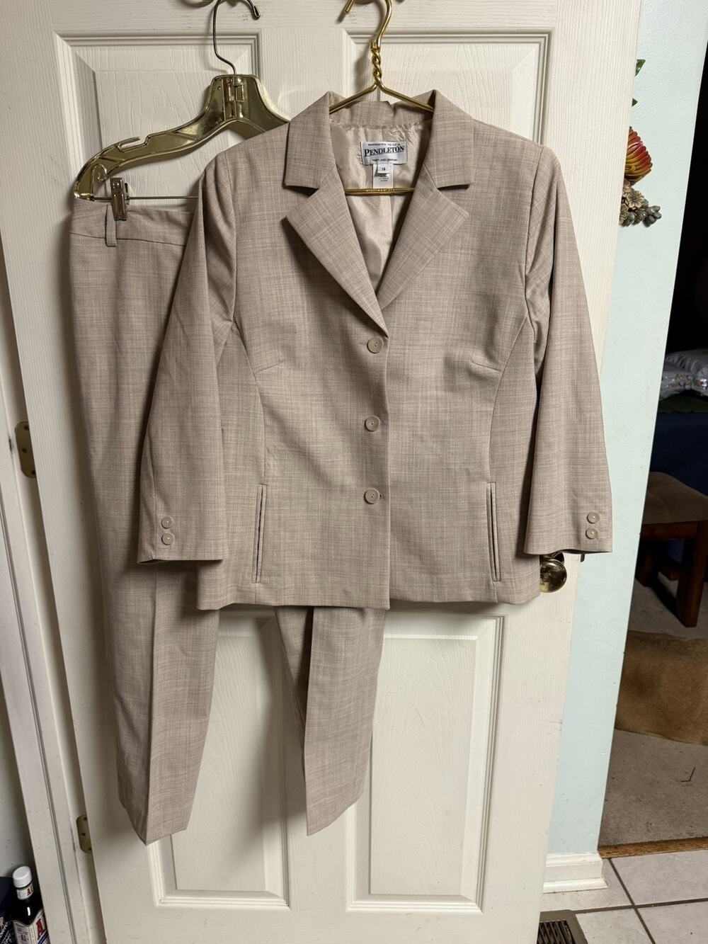 Vnt Pendleton Wool 3Pc Skirt 32x25 Suit Med 14 Blazer Jacket 40w Beige Tan Pants
